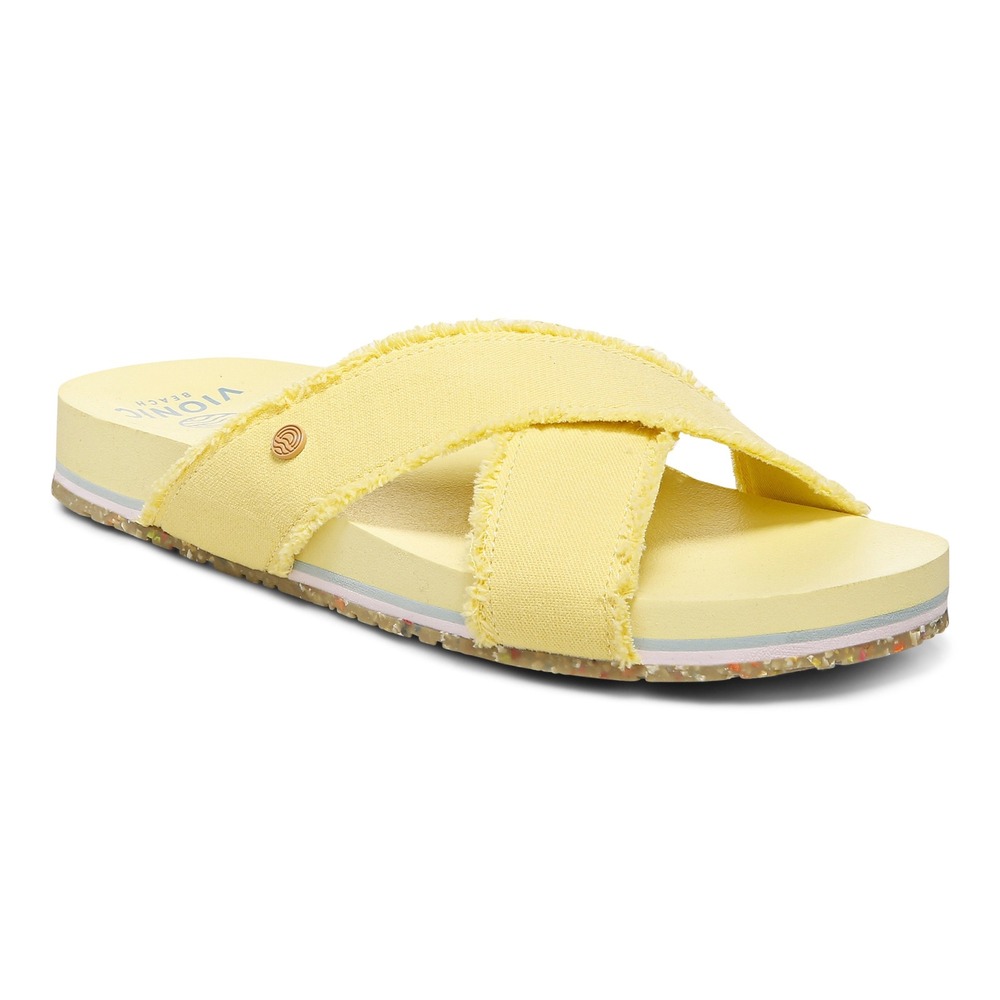 Vionic Beach Panama Yellow Canvas Crisscross Frayed Slide Sandals Womens 9